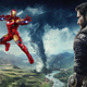 Rico from Just Cause looks out at large storm and Iron Man flying in the distance.